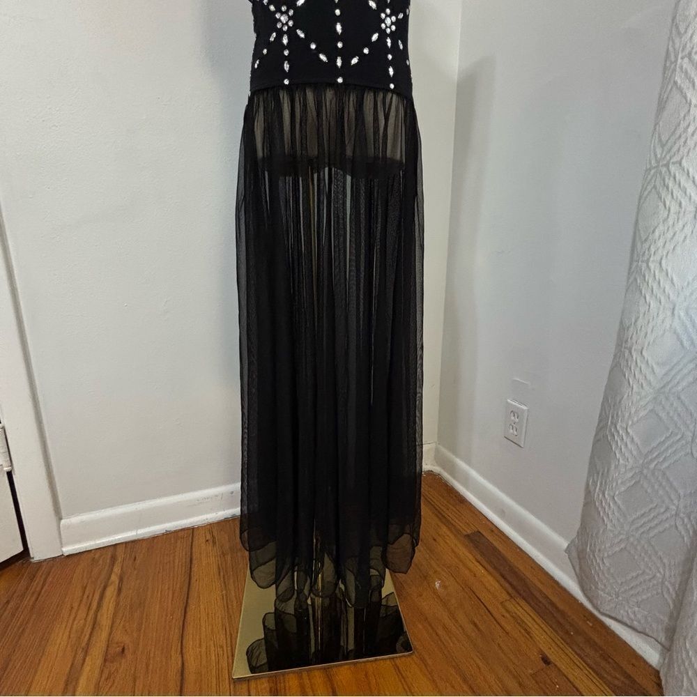 Vtg Nom De Plume Black Mesh Maxi Dress M Whimsigoth Rhinestone Cowl Neck Goth - Picture 9 of 15